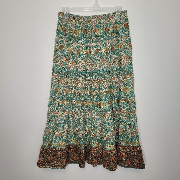 Ing earth tones floral pull on elastic waist boho Prairie tiered skirt size L - Picture 1 of 6